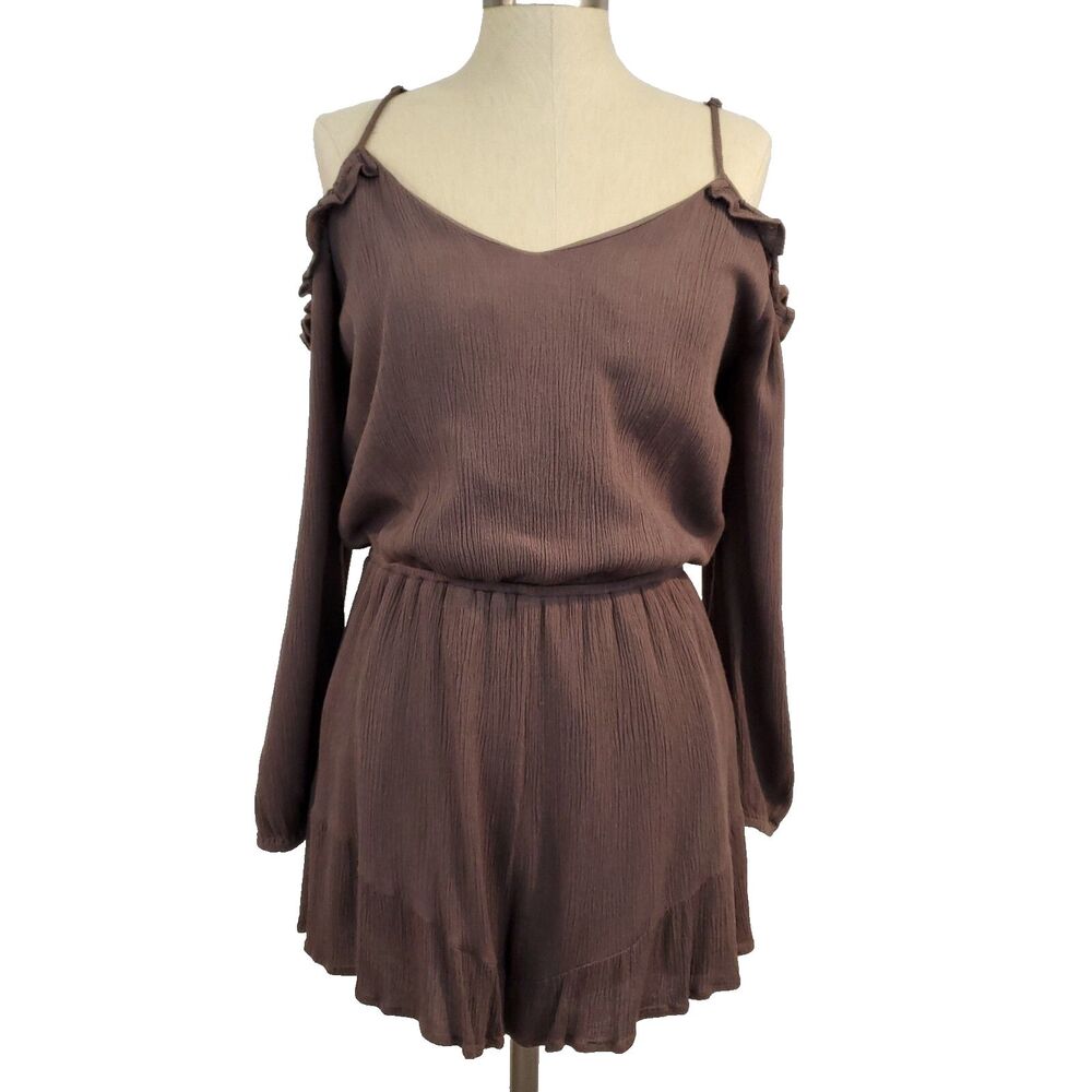 She + Sky Long Sleeve Ruffle Romper M Espresso Brown Vneck Beachy Boho Resort